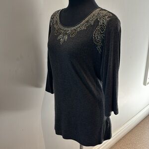 SANDRO CHARCOAL GREY EMBELLISHED STRETCH 3/4 SLEEVE TOP